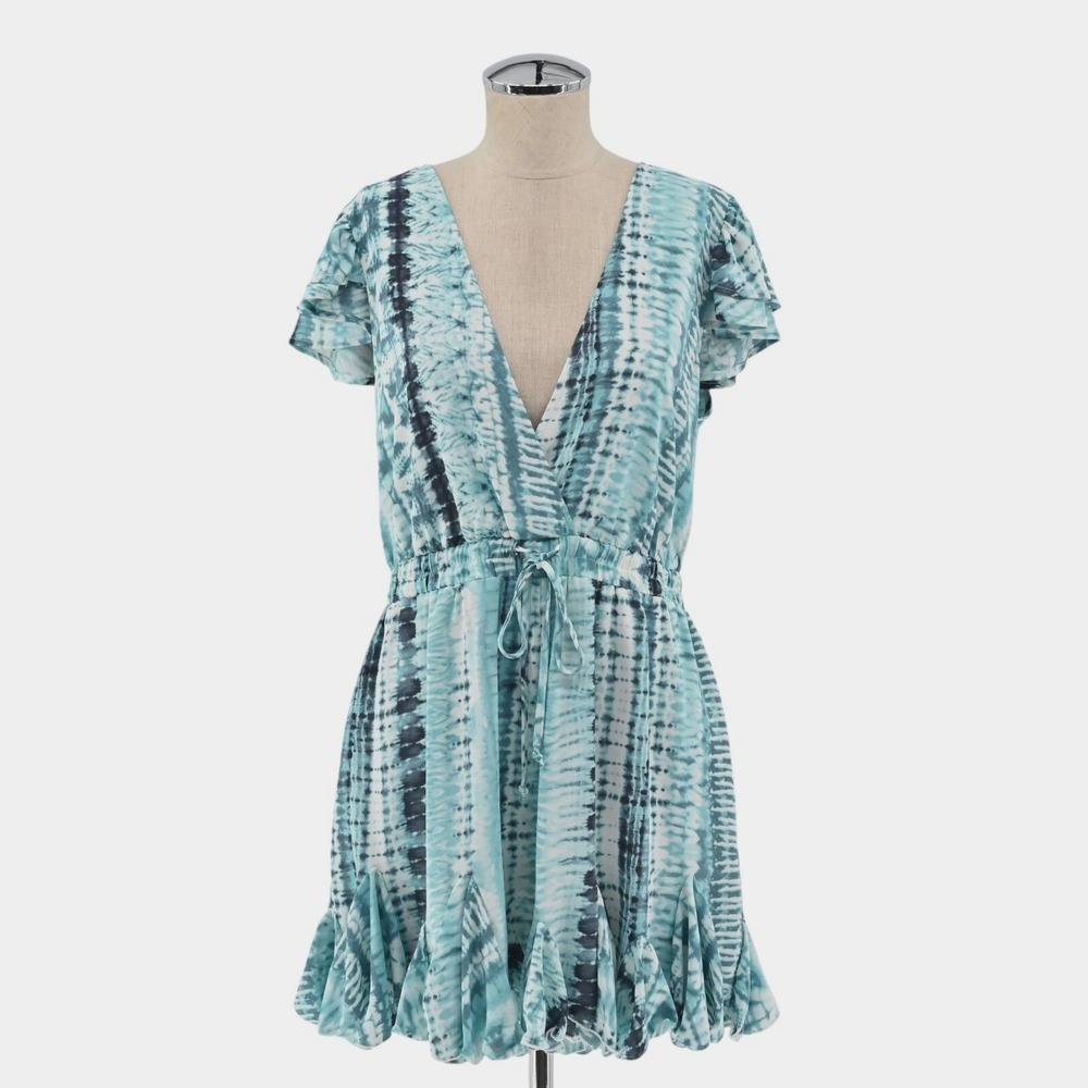 LUXXEL Womens Romper Size L Turquoise Tie Waist Vacation Coastal Beach‎ Feminine